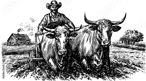 Farmer and oxen plowing a field in a rural landscape. Black and white vintage vector illustration with detailed lineart.