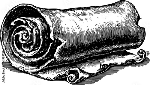 Old rolled scroll in black and white. Vintage parchment vector illustration with classic engraving style.
