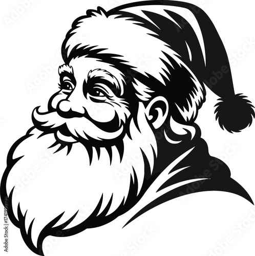 Detailed santa claus head illustration with beard and hat on transparent background silhouette