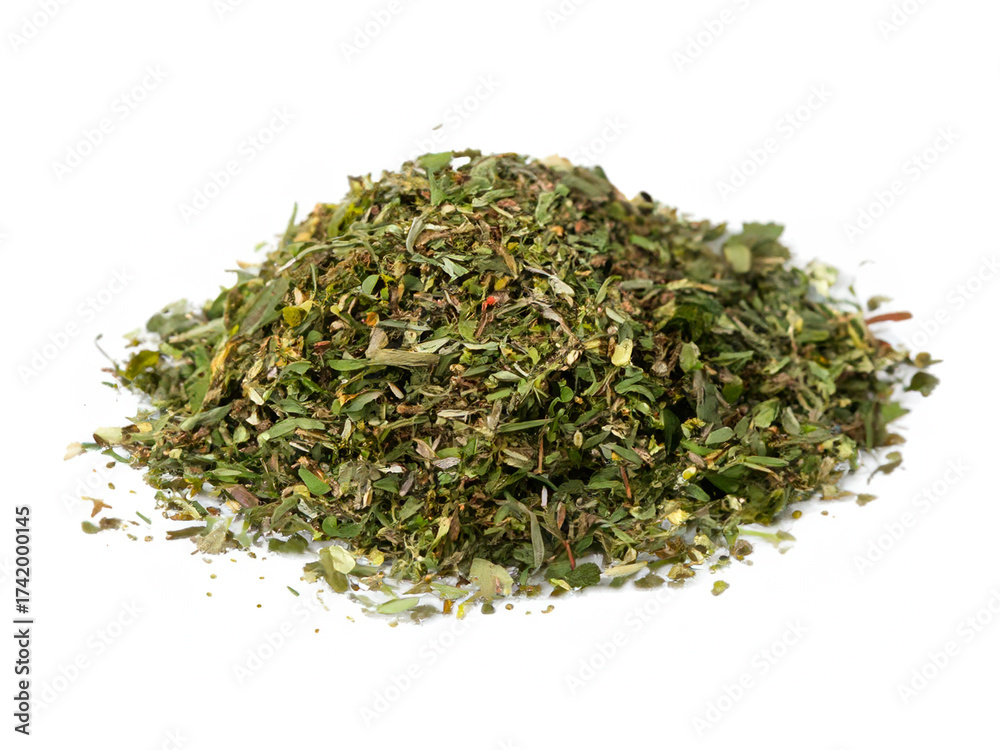 Fototapeta premium pile of dried green tea leaves isolated over the white background