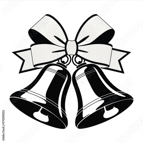 Elegant black and white christmas bells with ribbon on transparent background silhouette