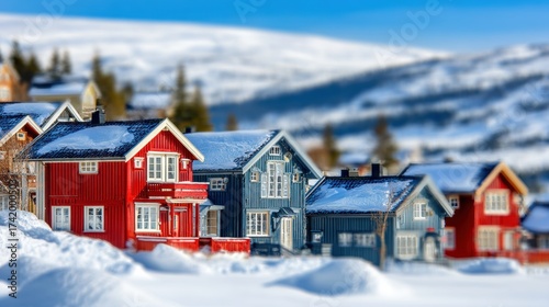 Charming winter village scene with colorful wooden houses snow covered roofs in the Norwegian mountains