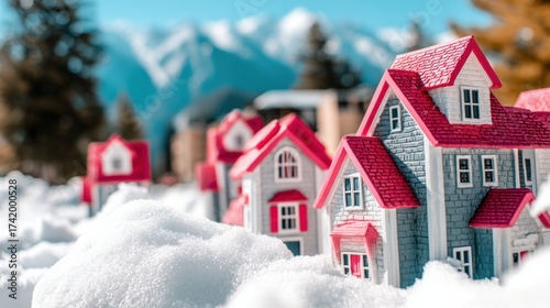 Miniature Winter Village Display on Snowy Background Featuring Toy Houses with Red Roofs and Distant Mountains