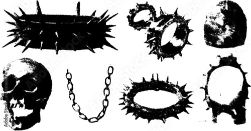 Skull and spike objects in a set of detailed black vector illustrations. Unique designs and textures create a striking visual impact.