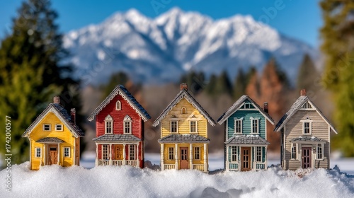 Miniature Houses in Snow with Mountain Backdrop Charming Townscape Detail Cozy Home Concepts and Winter Holiday Themes