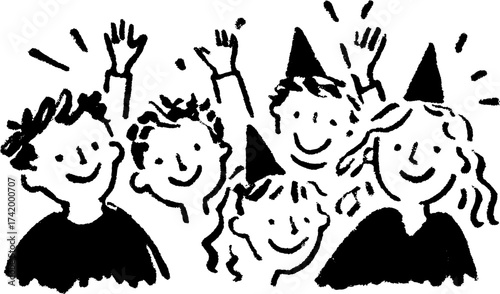 Children at a party with joyful smiles and festive hats. Simple black and white vector illustration of a cheerful group set of friends.