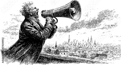 A man shouting through a megaphone from a rooftop over a city. Vintage engraving style vector illustration of an urban scene.