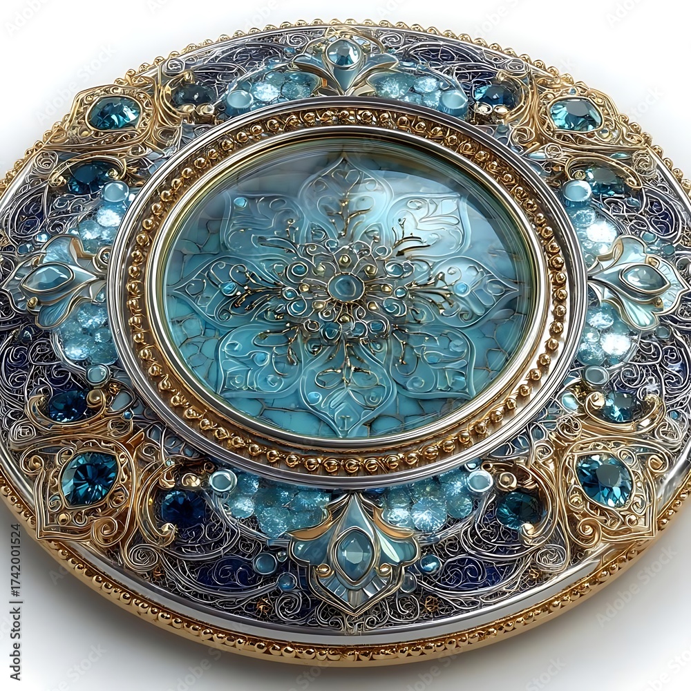 Obraz premium Ornate decorative plate with blue gems and gold trim featuring a central floral design under glass