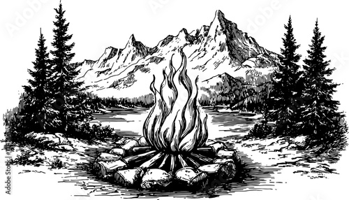 Campfire surrounded by stones in a vintage black and white outline drawing. Scenic nature landscape vector illustration.