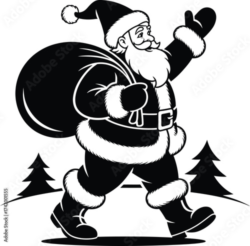 Walking santa claus with a large sack on transparent background silhouette