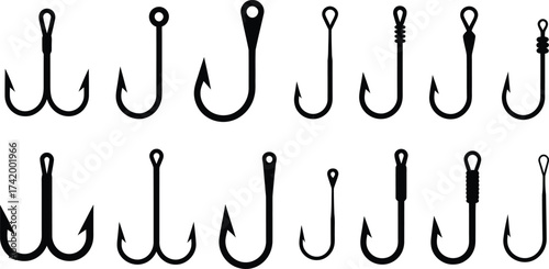 Collection of Different Fishing Hooks Silhouettes Vector Art Illustration Design