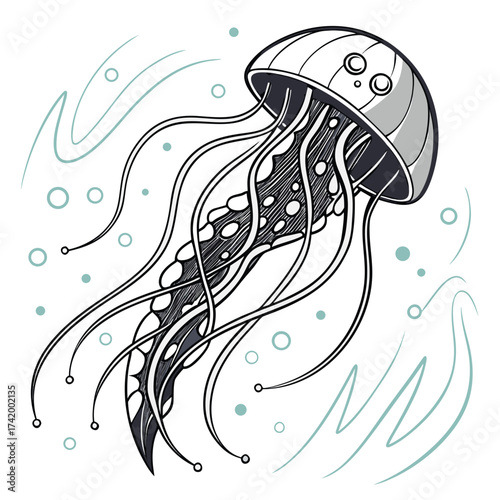 Elegant Jellyfish Illustration with Intricate Tentacles and Bubbles
