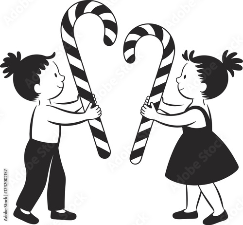Two children sharing candy canes a delightful christmas scene on transparent background silhouette
