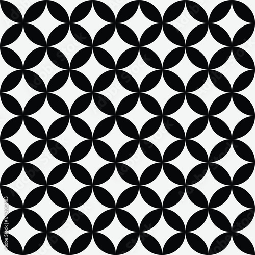 Seamless geometric flower pattern with overlapping black circular petals on a white background — minimal abstract design perfect for textile, wallpaper, and background use.