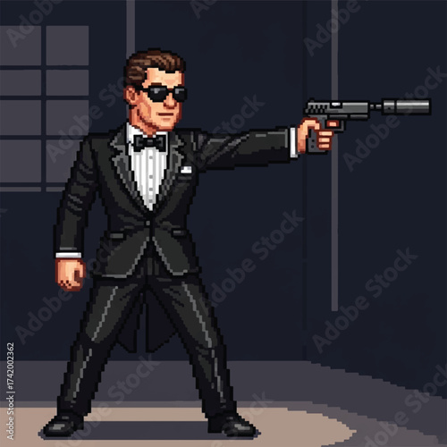 Pixel art illustration of a secret agent in a tuxedo and sunglasses, holding a silenced pistol, ready for action.