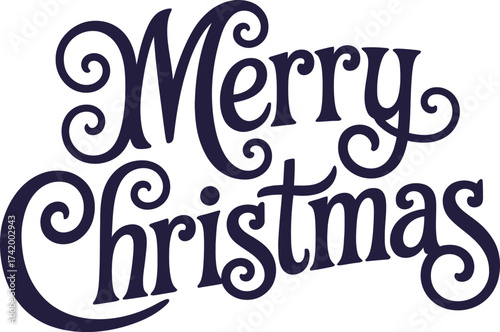 Elegant navy blue merry christmas lettering design with flourishes on transparent background silhouette