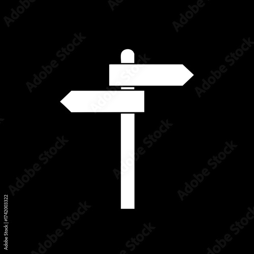 Simple white signpost with two directional arrows pointing left and right on a black background.