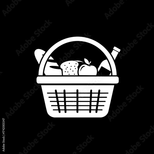 Picnic basket with food items bread apple and bottle simple graphic icon.
