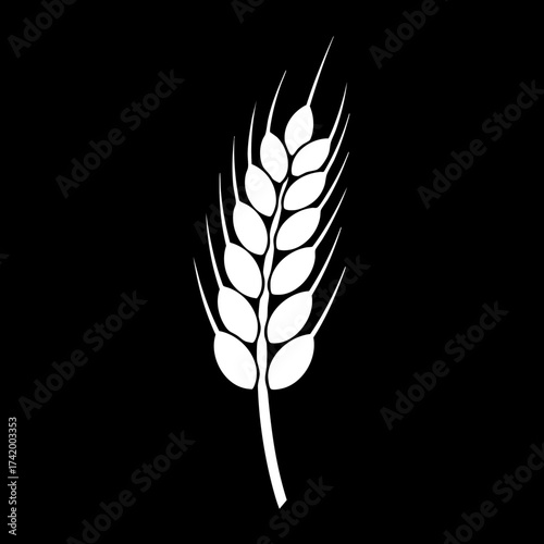 White silhouette of a single wheat ear on a black background representing agriculture.