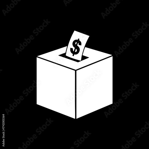 Financial contribution box with dollar sign paper for donations and economic suggestions.