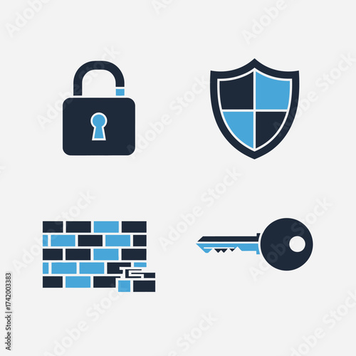 A set of four security and protection icons, including an unlocked padlock, a shield, a breached brick wall, and a key.