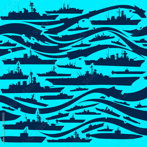 Silhouette illustration of various naval vessels, including warships, submarines, and other maritime vehicles.