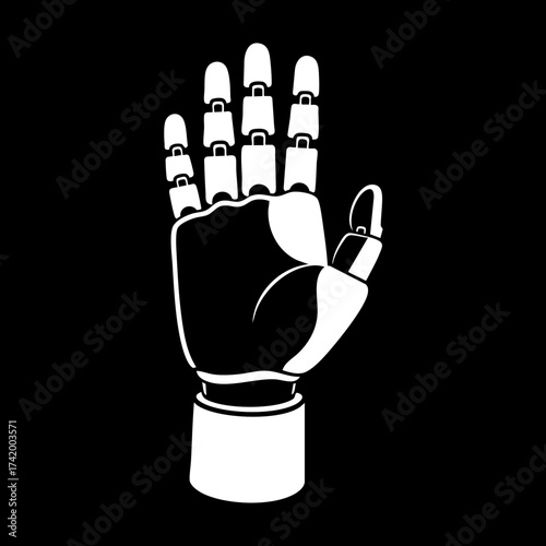 Stylized white robotic hand with articulated fingers on black background.