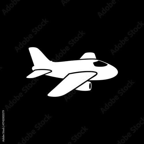 Simple white airplane icon on black background representing air travel and aviation.