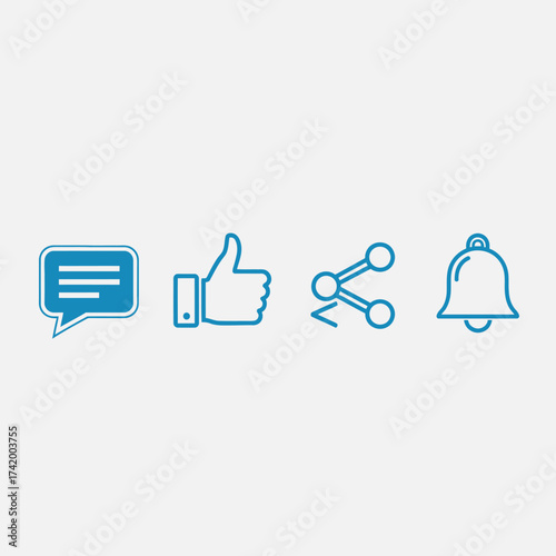 Four blue icons representing communication, approval, sharing, and notifications on a light background.