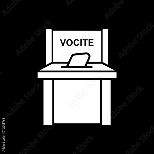 Minimalist white outline icon of a voting booth with a ballot box and VOCITE text.