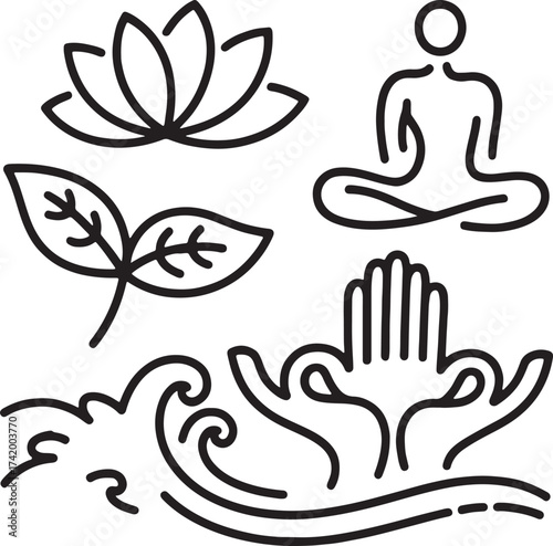 Black floral vintage yoga lotus pose silhouette vector icon design with leaf ornament and tribal pattern for a unique tattoo illustration