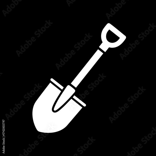 Simple white silhouette of a digging shovel tool icon.