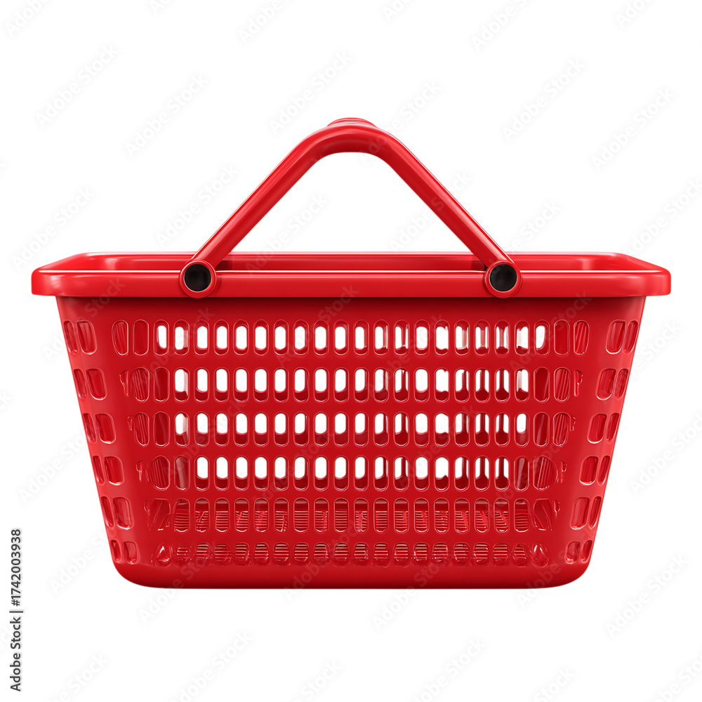 Fototapeta premium Red plastic shopping basket isolated on transparent background