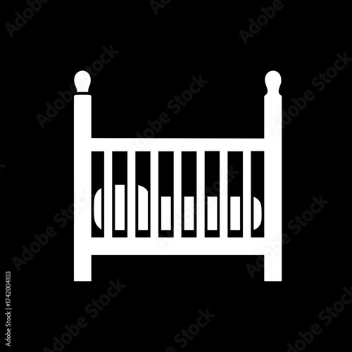 Simple white graphic icon of a baby crib or cot silhouette.