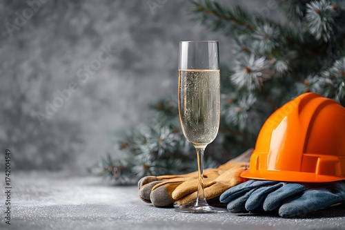 A celebratory champagne glass with construction gear and winter foliage