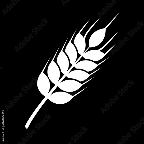 Simple white silhouette of a wheat ear on a black background.