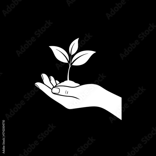 Human hand gently holding and nurturing a small green plant seedling.