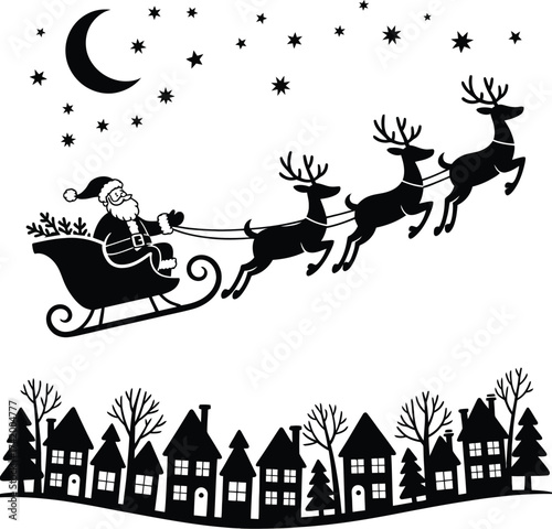 Santa claus and reindeer sleigh flying over a town silhouette on transparent background