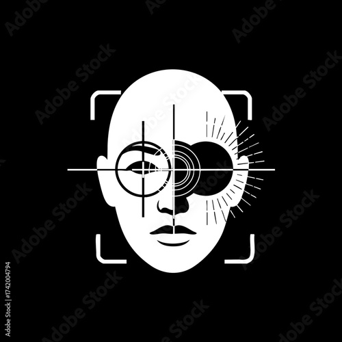 Abstract biometric facial recognition scan with optical and radiant eye designs for digital identity.