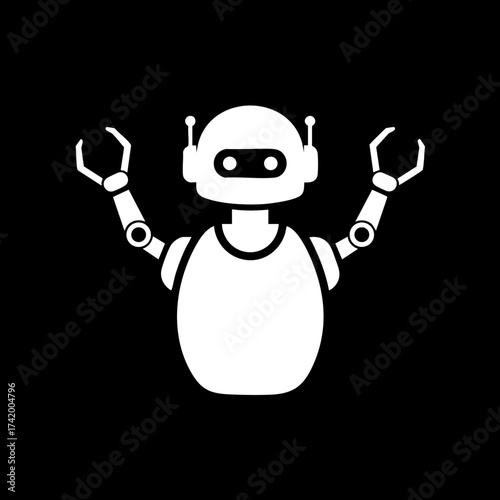 Simple white robot icon with pincer arms on black background.
