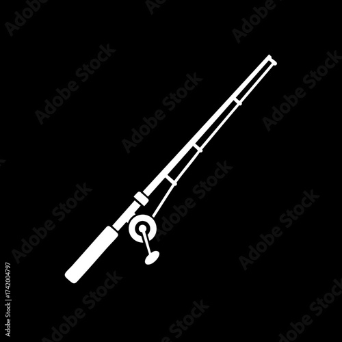 White silhouette of a fishing rod and reel for angling and outdoor sports.