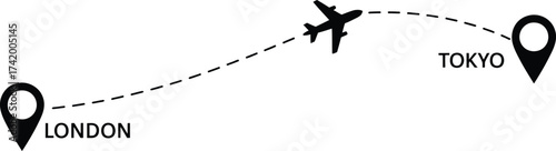 Travel route from London to Tokyo using plane vector illustration