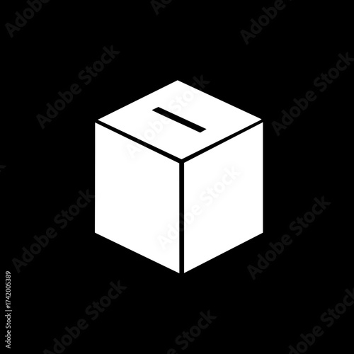 Minimalist white ballot box icon with slot for voting or donations.