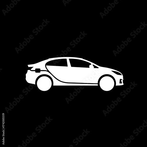 Sleek white silhouette of a modern electric car with visible charging port.