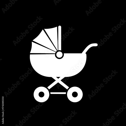 Simple white baby carriage icon on black background.