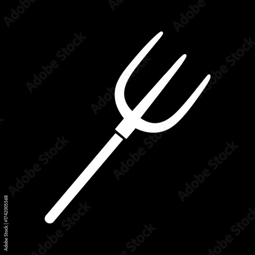 White Pitchfork Icon on Black Background Simple Graphic Design Element.