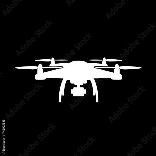 White silhouette of a modern drone with camera for aerial photography and videography on black background.