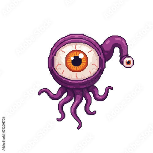 A pixel art illustration of a purple, one-eyed creature with tentacles and a smaller eye on a stalk.