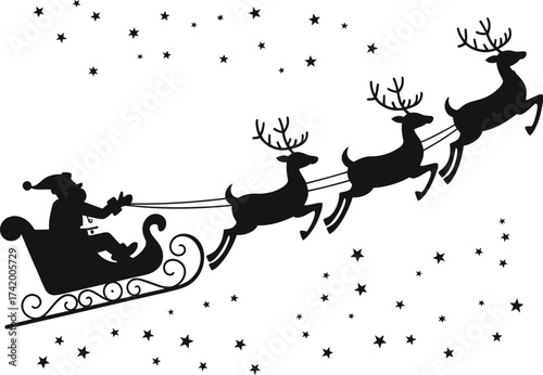 Festive santa claus and reindeer sleigh flying through starry night on transparent background silhouette