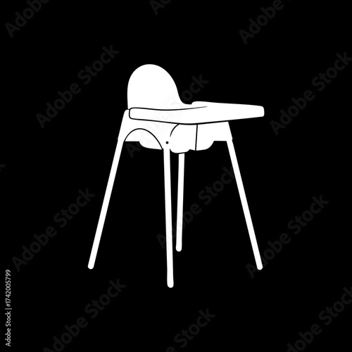 Minimalist white outline illustration of a baby high chair for infant feeding.